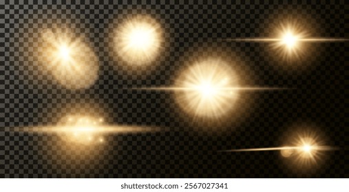 Light effect of lens flares. Set of o light starburst effects with sparkles on a grey transparent background. 