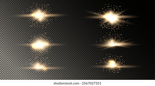Light effect of lens flares. Set of o light starburst effects with sparkles on a grey transparent background. 