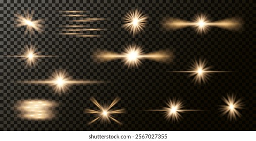 Light effect of lens flares. Set of o light starburst effects with sparkles on a grey transparent background. 