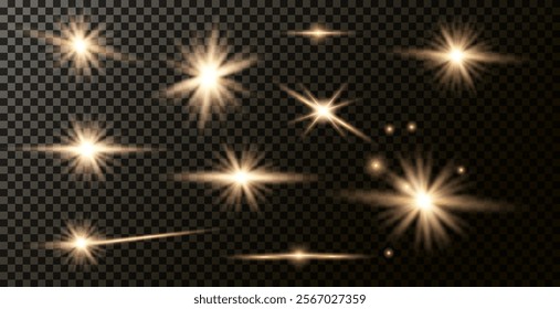 Light effect of lens flares. Set of o light starburst effects with sparkles on a grey transparent background. 