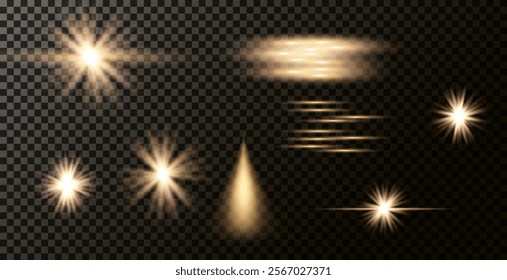 Light effect of lens flares. Set of o light starburst effects with sparkles on a grey transparent background. 
