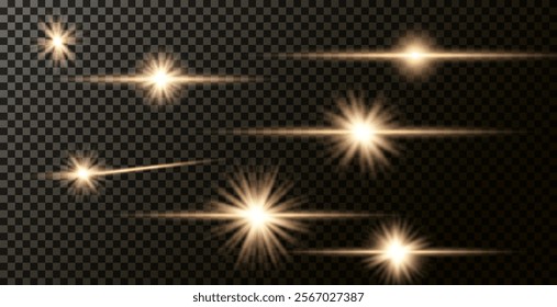 Light effect of lens flares. Set of o light starburst effects with sparkles on a grey transparent background. 