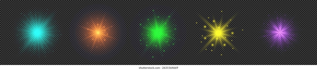 Light effect of lens flares. Set of five multicolor glowing lights starburst effects with sparkles on a transparent background. Vector illustration