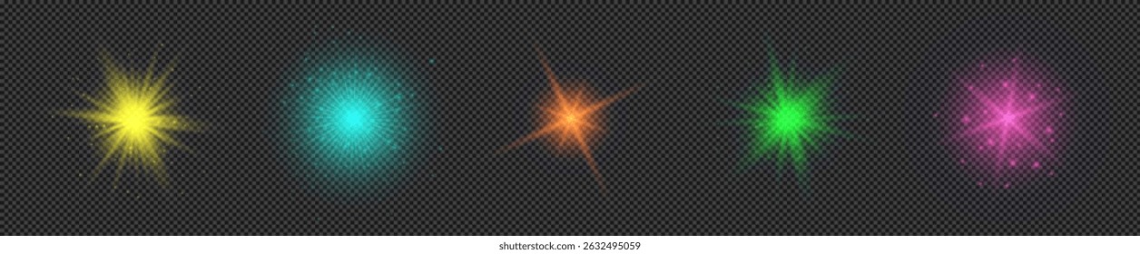 Light effect of lens flares. Set of five multicolor glowing lights starburst effects with sparkles on a transparent background. Vector illustration
