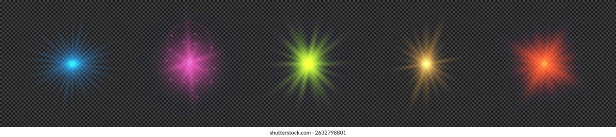 Light effect of lens flares. Set of five multicolor glowing lights starburst effects with sparkles on a transparent background. Vector illustration