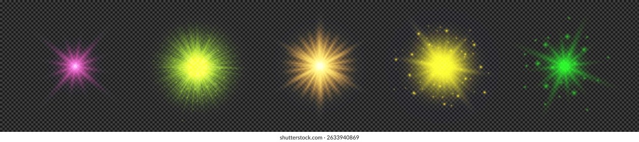 Efeito de luz de clarões de lente. Conjunto de cinco luzes brilhantes multicoloridas efeitos starburst com brilhos em um fundo transparente. Ilustração vetorial