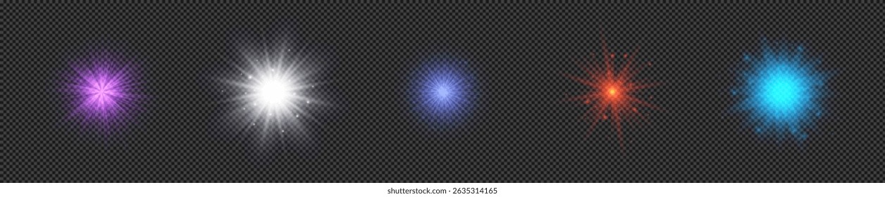 Light effect of lens flares. Set of five multicolor glowing lights starburst effects with sparkles on a transparent background. Vector illustration