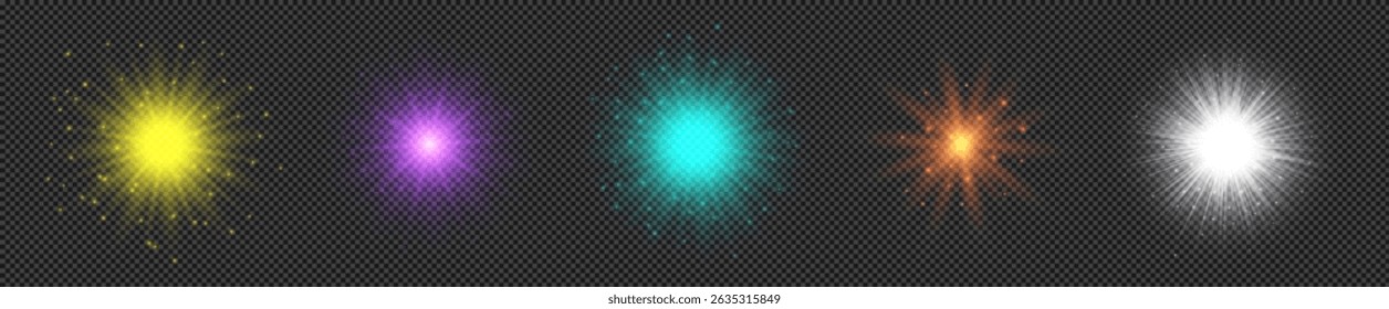 Light effect of lens flares. Set of five multicolor glowing lights starburst effects with sparkles on a transparent background. Vector illustration