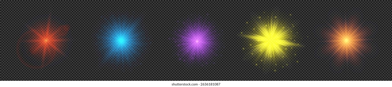 Light effect of lens flares. Set of five multicolor glowing lights starburst effects with sparkles on a transparent background. Vector illustration