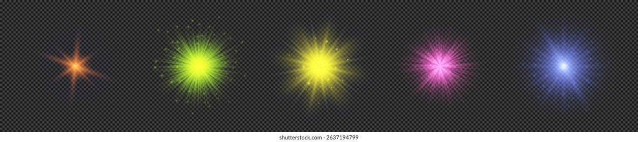 Light effect of lens flares. Set of five multicolor glowing lights starburst effects with sparkles on a transparent background. Vector illustration
