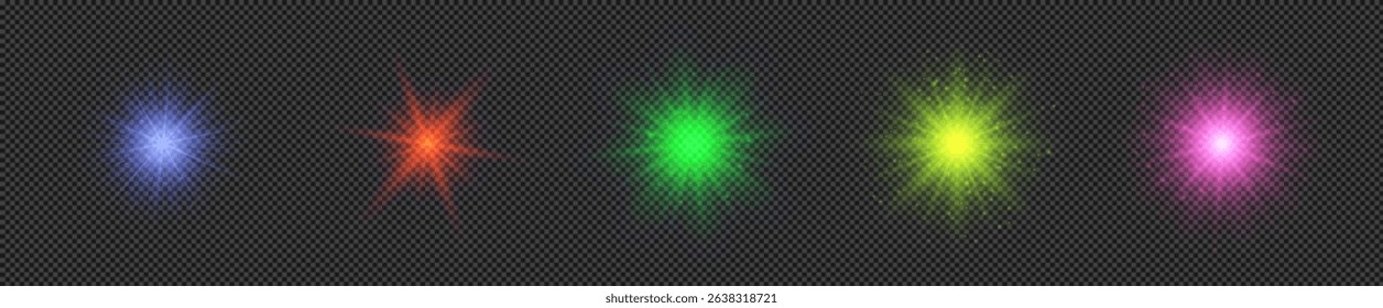 Light effect of lens flares. Set of five multicolor glowing lights starburst effects with sparkles on a transparent background. Vector illustration