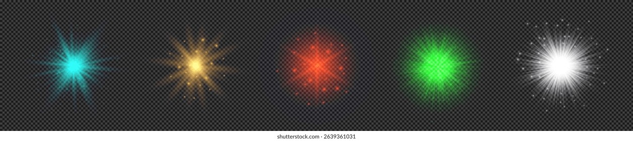 Light effect of lens flares. Set of five multicolor glowing lights starburst effects with sparkles on a transparent background. Vector illustration