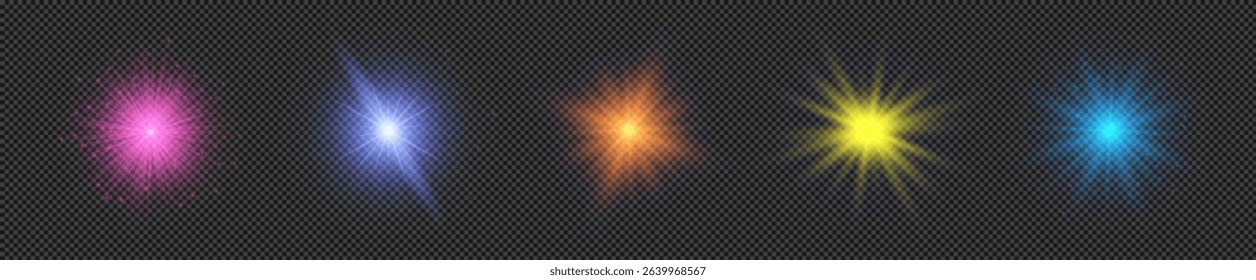Light effect of lens flares. Set of five multicolor glowing lights starburst effects with sparkles on a transparent background. Vector illustration