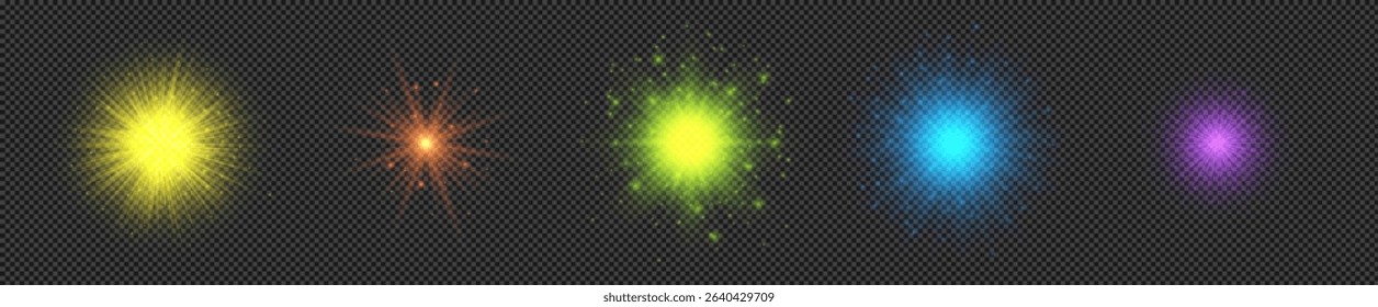 Light effect of lens flares. Set of five multicolor glowing lights starburst effects with sparkles on a transparent background. Vector illustration