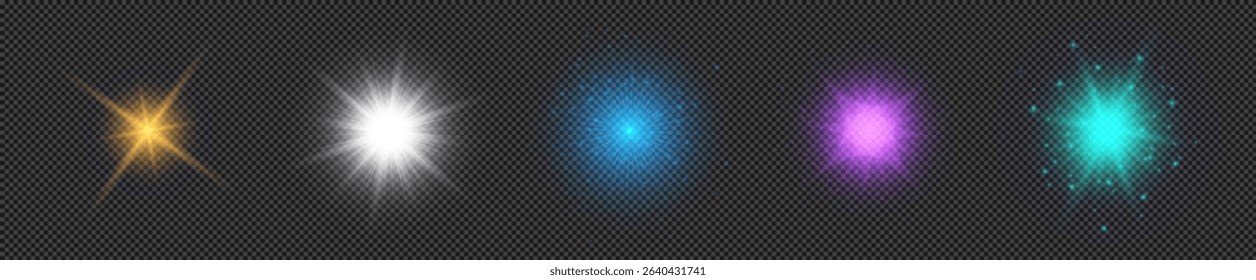 Light effect of lens flares. Set of five multicolor glowing lights starburst effects with sparkles on a transparent background. Vector illustration
