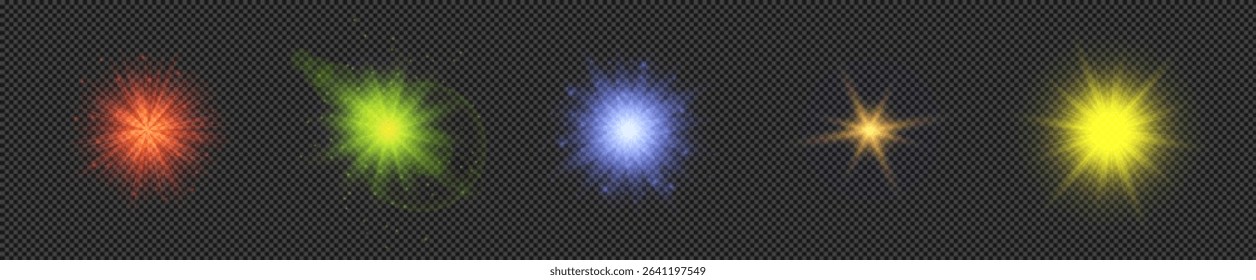 Light effect of lens flares. Set of five multicolor glowing lights starburst effects with sparkles on a transparent background. Vector illustration