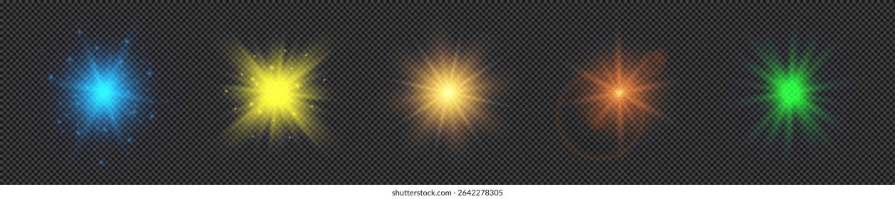 Efeito de luz de clarões de lente. Conjunto de cinco luzes brilhantes multicoloridas efeitos starburst com brilhos em um fundo transparente. Ilustração vetorial