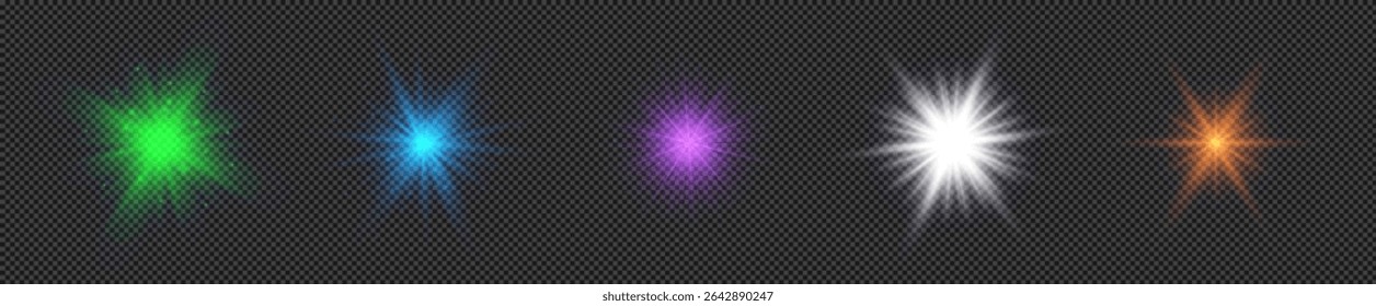 Light effect of lens flares. Set of five multicolor glowing lights starburst effects with sparkles on a transparent background. Vector illustration