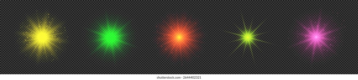 Light effect of lens flares. Set of five multicolor glowing lights starburst effects with sparkles on a transparent background. Vector illustration