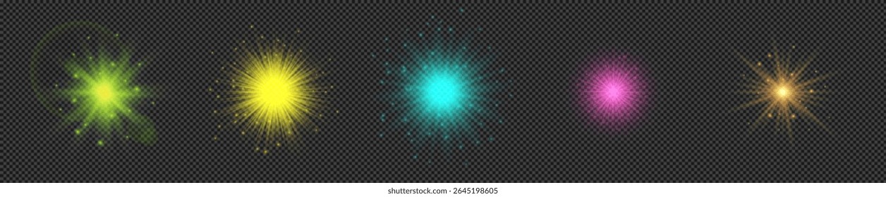 Light effect of lens flares. Set of five multicolor glowing lights starburst effects with sparkles on a transparent background. Vector illustration