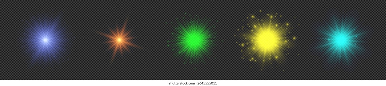 Light effect of lens flares. Set of five multicolor glowing lights starburst effects with sparkles on a transparent background. Vector illustration
