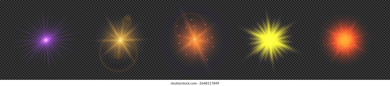 Light effect of lens flares. Set of five multicolor glowing lights starburst effects with sparkles on a transparent background. Vector illustration