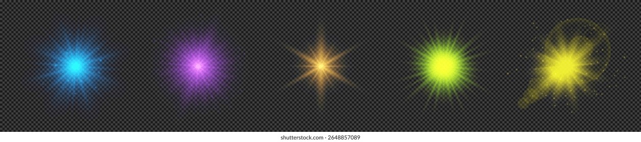 Light effect of lens flares. Set of five multicolor glowing lights starburst effects with sparkles on a transparent background. Vector illustration