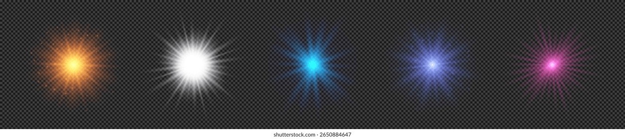 Light effect of lens flares. Set of five multicolor glowing lights starburst effects with sparkles on a transparent background. Vector illustration