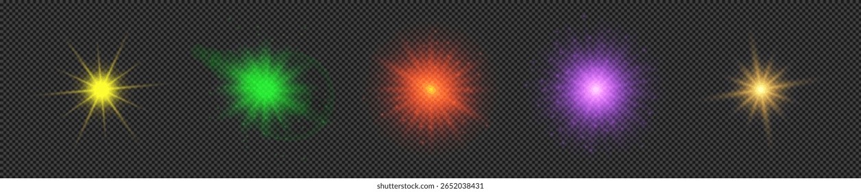 Efeito de luz de clarões de lente. Conjunto de cinco luzes brilhantes multicoloridas efeitos starburst com brilhos em um fundo transparente. Ilustração vetorial