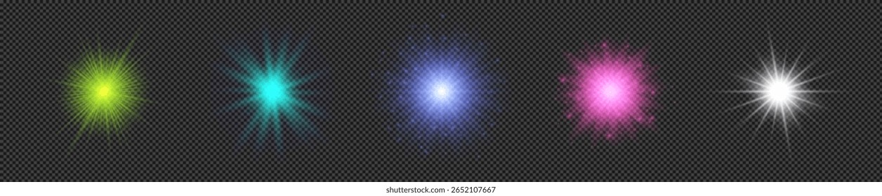 Light effect of lens flares. Set of five multicolor glowing lights starburst effects with sparkles on a transparent background. Vector illustration