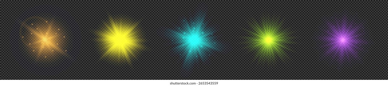 Efecto de luz de los destellos de la lente. Conjunto de cinco luces brillantes multicolores con efectos de explosión estelar con destellos sobre un fondo transparente. Ilustración vectorial