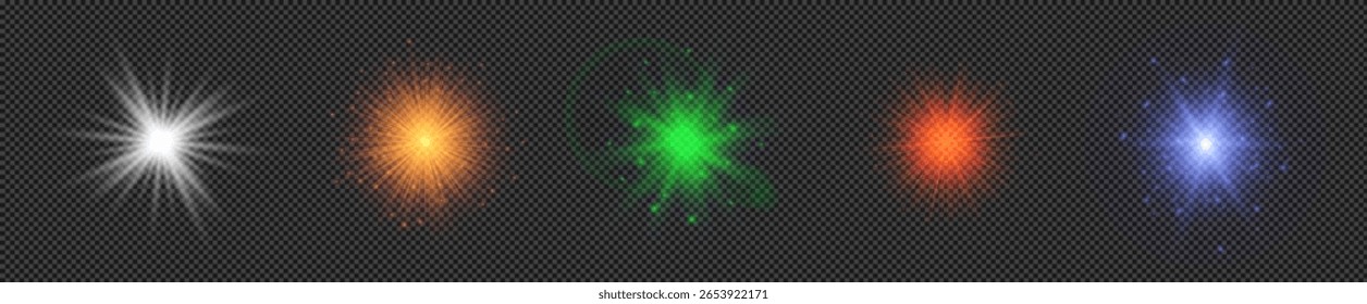 Light effect of lens flares. Set of five multicolor glowing lights starburst effects with sparkles on a transparent background. Vector illustration