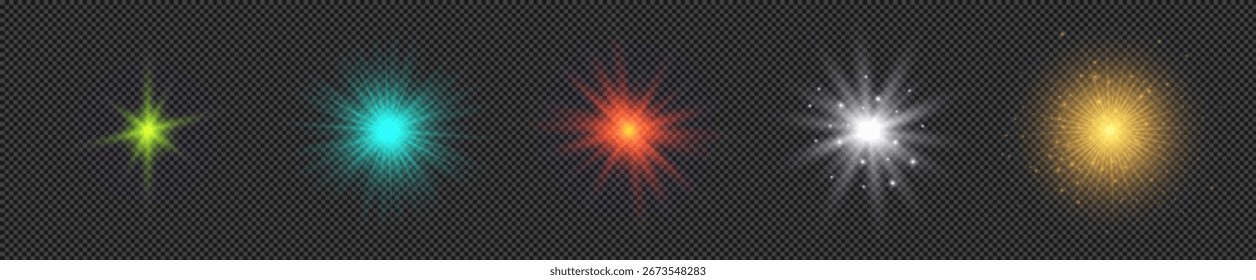 Light effect of lens flares. Set of five multicolor glowing lights starburst effects with sparkles on a transparent background. Vector illustration