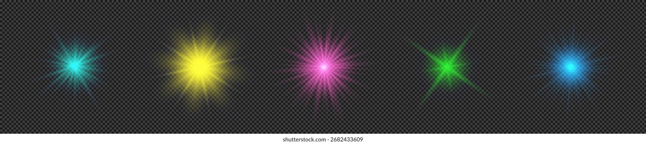 Efeito de luz de clarões de lente. Conjunto de cinco luzes brilhantes multicoloridas efeitos starburst com brilhos em um fundo transparente. Ilustração vetorial