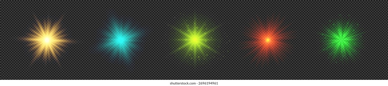 Light effect of lens flares. Set of five multicolor glowing lights starburst effects with sparkles on a transparent background. Vector illustration