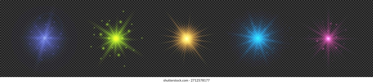Efecto de luz de los destellos de la lente. Conjunto de cinco luces brillantes multicolores con efectos de explosión estelar con destellos sobre un fondo transparente. Ilustración vectorial