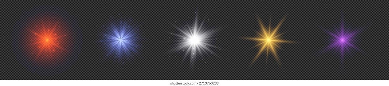 Efecto de luz de los destellos de la lente. Conjunto de cinco luces brillantes multicolores con efectos de explosión estelar con destellos sobre un fondo transparente. Ilustración vectorial