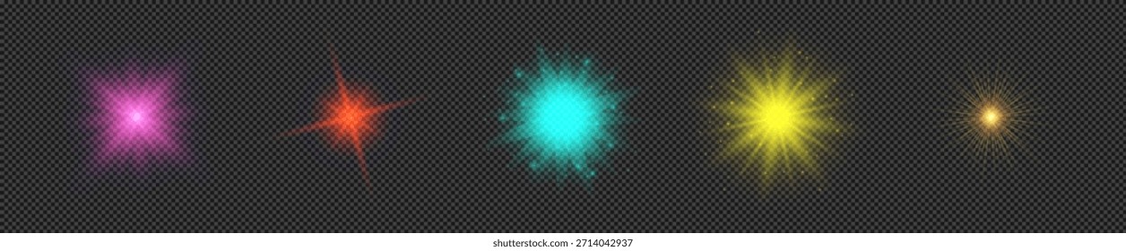 Efecto de luz de los destellos de la lente. Conjunto de cinco luces brillantes multicolores con efectos de explosión estelar con destellos sobre un fondo transparente. Ilustración vectorial