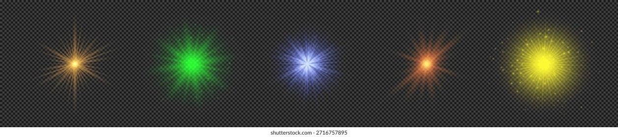 Efecto de luz de los destellos de la lente. Conjunto de cinco luces brillantes multicolores con efectos de explosión estelar con destellos sobre un fondo transparente. Ilustración vectorial