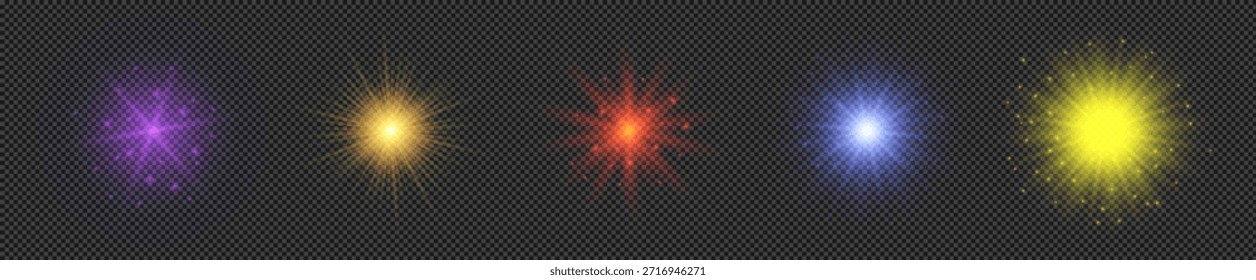 Efecto de luz de los destellos de la lente. Conjunto de cinco luces brillantes multicolores con efectos de explosión estelar con destellos sobre un fondo transparente. Ilustración vectorial
