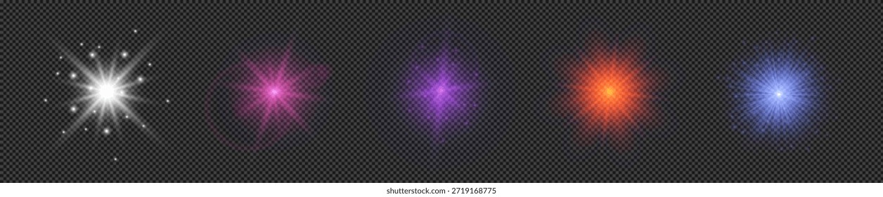 Light effect of lens flares. Set of five multicolor glowing lights starburst effects with sparkles on a transparent background. Vector illustration