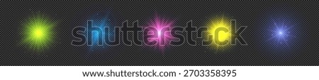 Light effect of lens flares. Set of five multicolor glowing lights starburst effects with sparkles on a transparent background. Vector illustration
