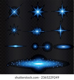 Light effect of lens flares. Shining neon stars isolated on black background. Effects, lens flare, shine, explosion, neon light, set. Shining stars, beautiful blue rays. Vector illustration.