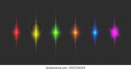 Light effect of lens flares. Six multicolor glowing light starburst effects with sparkles on a grey transparent background. Vector illustration