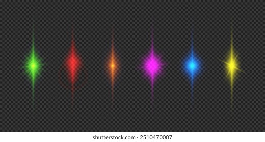 Light effect of lens flares. Six multicolor glowing light starburst effects with sparkles on a grey transparent background. Vector illustration