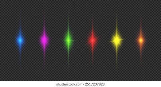Efecto de luz de los destellos de la lente. Seis efectos de luz brillante multicolor con destellos sobre un fondo gris transparente. Ilustración vectorial