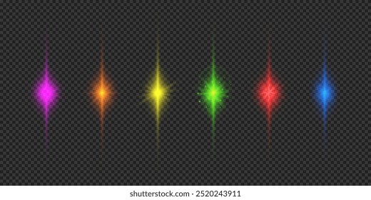 Light effect of lens flares. Six multicolor glowing light starburst effects with sparkles on a grey transparent background. Vector illustration
