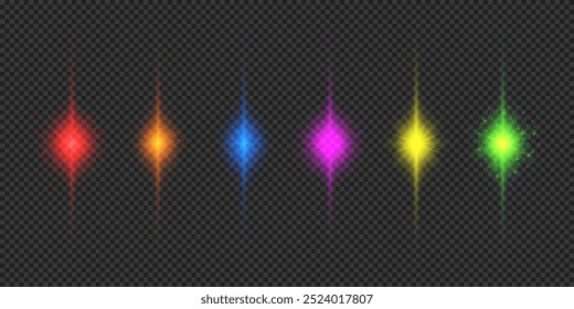Light effect of lens flares. Six multicolor glowing light starburst effects with sparkles on a grey transparent background. Vector illustration