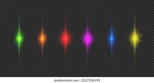 Efecto de luz de los destellos de la lente. Seis efectos de luz brillante multicolor con destellos sobre un fondo gris transparente. Ilustración vectorial