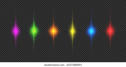 Light effect of lens flares. Six multicolor glowing light starburst effects with sparkles on a grey transparent background. Vector illustration